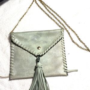 Stuart Envelope Sage Green Leather Crossbody/Fringe Sz 7X6.5
